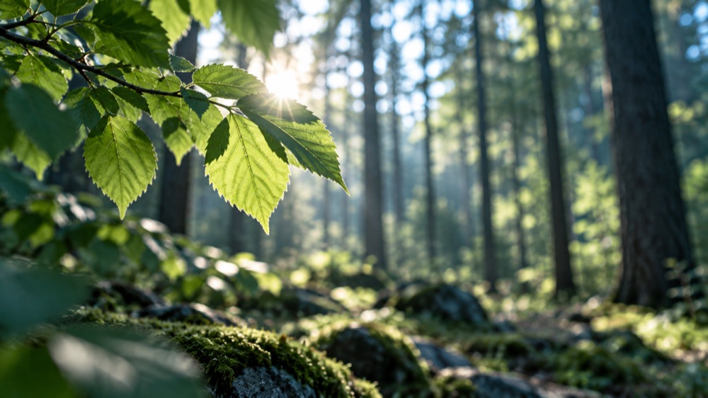 Sonnenlicht durch Blätter im Wald